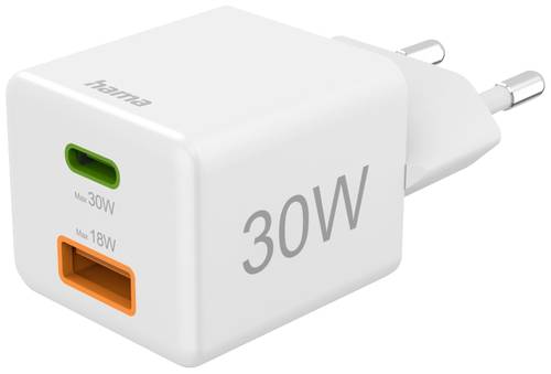 Hama Schnellladegerät, 1x USB-C PD, 1x USB-A QC, Mini-Ladegerät, 30 W, Weiß USB-Ladegerät Innenb von Hama