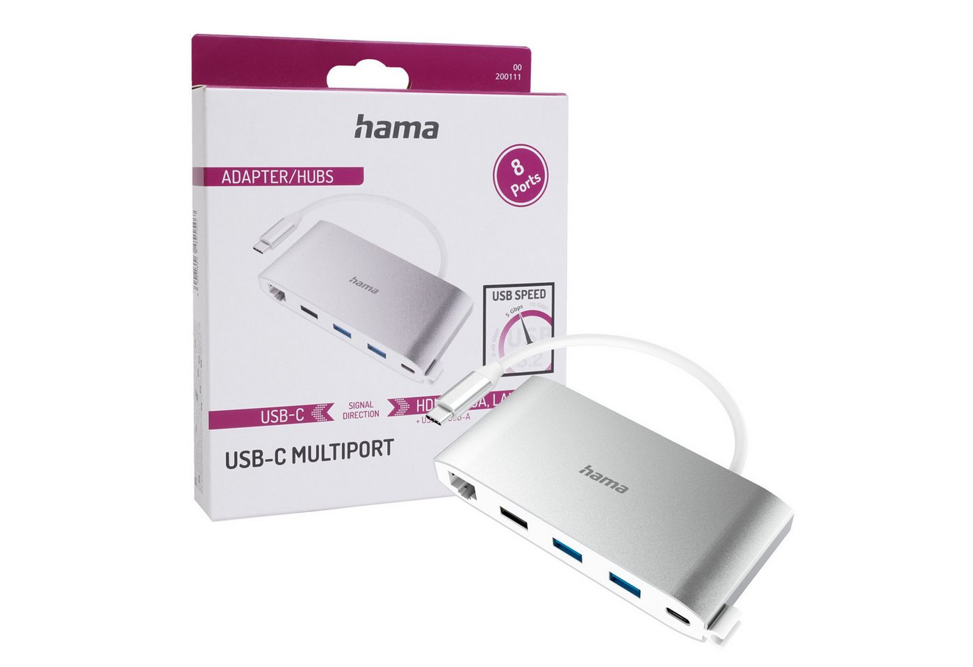Hama USB-C 3.2 USB-Hub 8-Port USB-Adapter Multiport USB-Kabel, SuperSpeed USB 3.2 4K HDMI-Ausgang VGA USB-Verteiler LAN Monitor TV PC von Hama