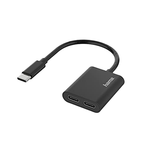 Hama USB C Splitter, USB C auf 2x USB C (USB C Adapter 1x USB C Buchse Daten, 1x USB C Buchse Power, USB C Hub für Tablet, Smartphone, 2in1 Audio Ladeadapter zum Anschluss für Kopfhörer, Lautsprecher) von Hama