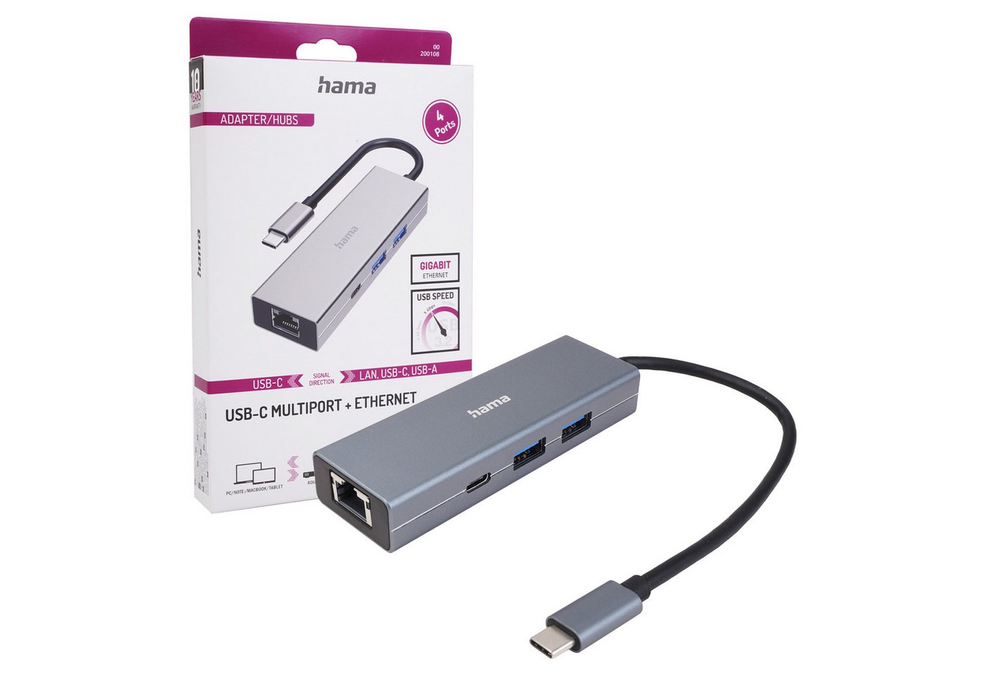 Hama USB-C USB-Hub Type-C 3.2 Ethernet Adapter ALU USB-Kabel, SuperSpeed USB Typ C 3.2 USB-Verteiler 2 USB-A 1x USB-C 1x LAN Port von Hama