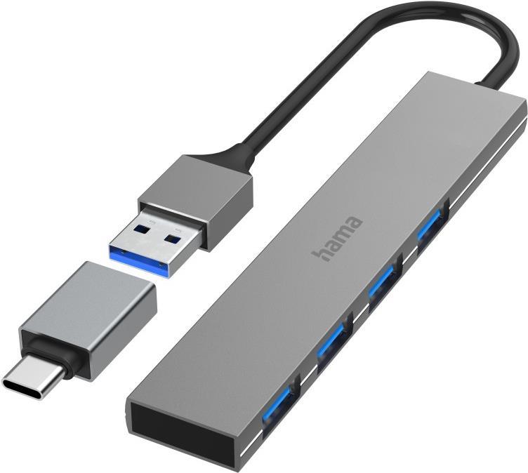 Hama USB-Hub, 4 Ports, USB 3.2 Gen1, 5 Gbit/s, Ultra Slim, inkl. USB-C-Adapter (00200141) von Hama