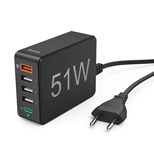 Hama USB-Ladegerät mehrfach -Ladestation 5 Port 51W (5 in 1 Ladegerät mehrere Geräte mit -C PD, QC 3.0, 3x -A, Schnell-Lade-Adapter -Netzteil für iPhone, Samsung etc., 1,2m Kabel) schwarz von Hama