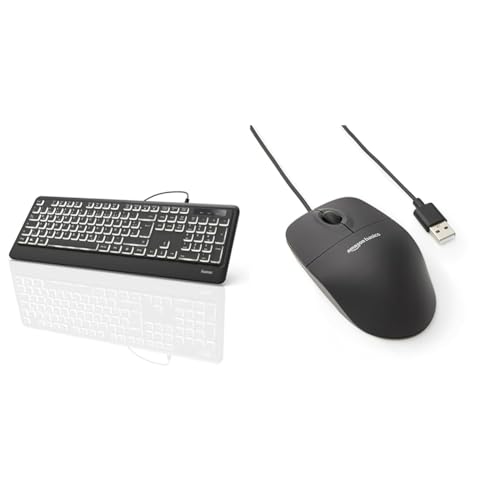 Hama USB Tastatur beleuchtet mit Kabel KC-550 & Amazon Basics - Optische Maus mit 3 Tasten und USB-Anschluss für Windows und Mac OS X, 1 Stück, Schwarz von Hama