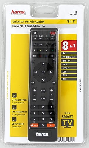 Hama Universalfernbedienung 8 in 1 Smart TV (bis zu 8 Geräte steuern, alle gängigen Marken, Receiver, Set Top Box, DVD, Verstärker, Ersatzfernbedienung, schnell programmierbar) schwarz von Hama
