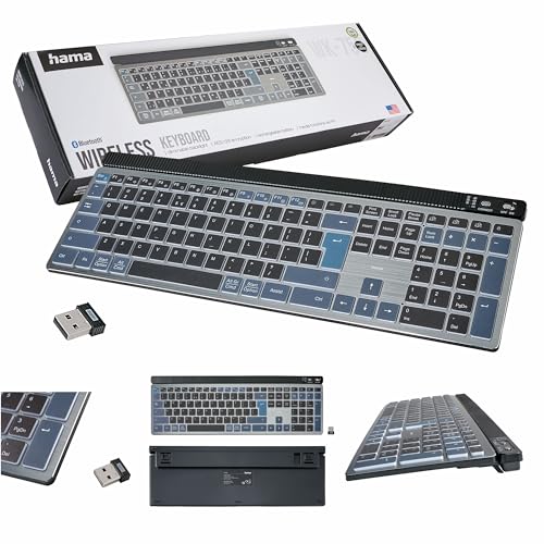 Hama Wireless Tastatur WK-750 (polnische QWERTY Layout, Multi-Device, Bluetooth, USB-Empfänger, beleuchtet, mit Akku, numerisch, leise Tasten, Schwarz) von Hama