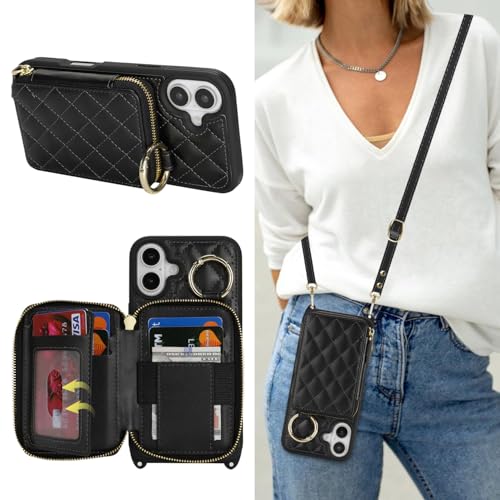 Hamany Schutzhülle für iPhone 16 Plus, mit Kartenfach für Damen, für iPhone 16 Plus, Handyhülle mit Riemen, Kreditkartenfächern, Crossbody-Tasche mit Ständer, Reißverschluss, Schwarz von Hamany