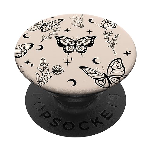 Vanille / Beige Schmetterling Mond Botanische Boho Schmetterlinge PopSockets Klebender PopGrip von Hand Drawn Botanical Boho Design