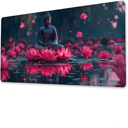 Lotus Mauspad, Große Schreibtisch Matte, Gaming-Mauspad mit genähten Kanten, Rutschfeste Gummibasis, Wasserdichtes Mauspad Buddha, Mauspad XXL 600x400x3mm, Verbessert Präzision und Geschwindigkei. B-2 von Hanjunng