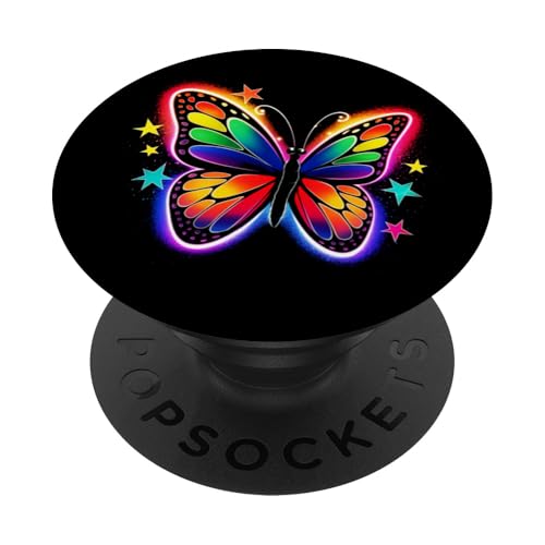 Niedlicher Schmetterling, bunte Regenbogenfarben mit Sternen PopSockets Klebender PopGrip von Happy Butterfly