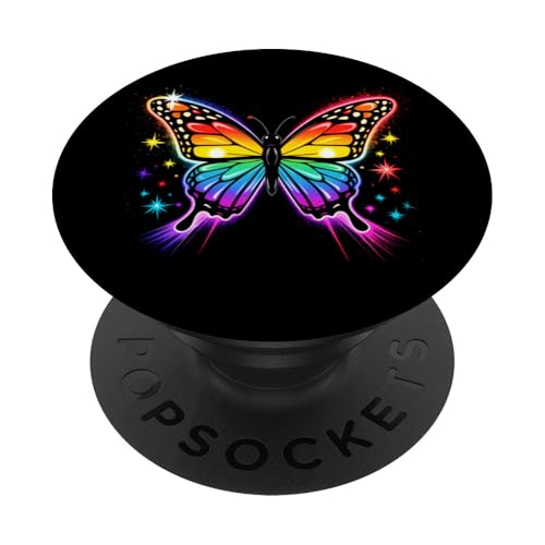 Niedlicher Schmetterling, bunte Regenbogenfarben mit Sternen PopSockets Klebender PopGrip von Happy Butterfly