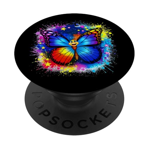 Niedlicher Schmetterling, bunte Regenbogenfarben mit Sternen PopSockets Klebender PopGrip von Happy Butterfly