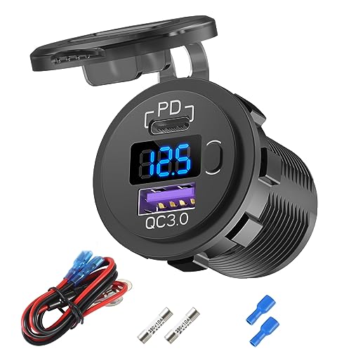 12V USB C Autoladebuchse, 12V USB Zigarettenanzünder Ersatz mit PD3.0 und QC3.0 Auto USB Anschluss, wasserdichte 12 Volt USB Steckdose mit Power Schalter Spannungsmesser für Auto Marine LKW Wohnmobil von Hapytrip