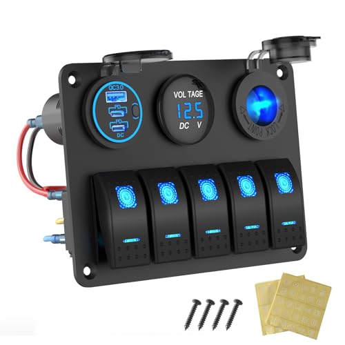 Marine Boot Schalttafel Wasserdicht, 5 Gang Wippschalter Aluminium Panel mit 3 Anschlüssen 66W 12V USB Steckdose Autoladegerät, 150W Zigarettenanzünder-Steckdose und Voltmeter für Lkw Auto Wohnmobil von Hapytrip