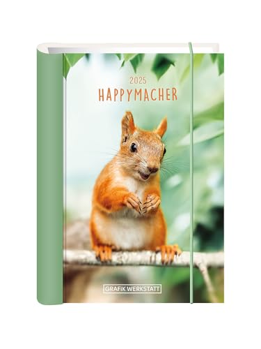 Terminplaner Hardcover - Happymacher A6 - Taschenkalender 2025 - Grafik Werkstatt - Buchkalender mit Verschlussgummi und Postkarten - 1 Woche auf 2 Seiten - 11 cm x 15,5 cm von Harenberg