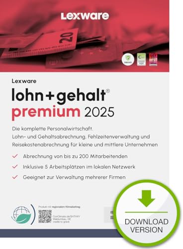 Lexware lohn+gehalt Premium 2025 (365 Tage)| Einfache Lohn- und Gehaltsabrechnungs-Software |5 Geräte | PC Aktivierungscode per Email von Haufe-Lexware