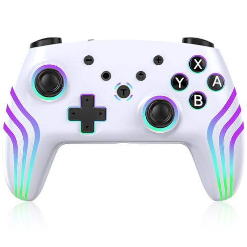 Switch Controller, Veränderbare Coole RGB - Lichter, Switch Pro Controller mit Aufwachen/Präzise Joysticks/6-Achsen Gyroskop/Double Shock/Turbo,Drahtloser Controller für Switch/Lite/OLED Konsole-weiß von Hauibela