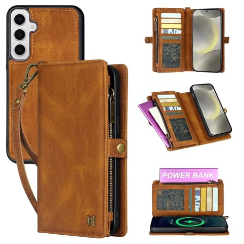 Haygdz Handyhülle für Samsung Galaxy A13 5G, Flip Case Lederhülle Reißverschluss Magnetverschluss Brieftasche mit 5 Kartenfächern Standfuntion Retro Matt Ledertasche - Braun von Haygdz