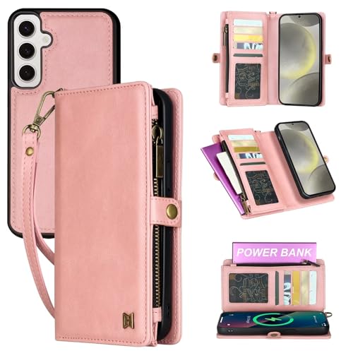 Haygdz Handyhülle für Samsung Galaxy A15, Flip Case Lederhülle Reißverschluss Magnetverschluss Brieftasche mit 5 Kartenfächern Standfuntion Retro Matt Ledertasche - Rosa von Haygdz