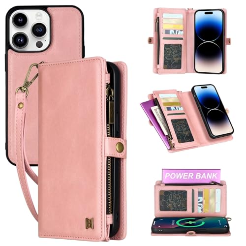 Haygdz Handyhülle für iPhone 16, Flip Case Lederhülle Reißverschluss Magnetverschluss Brieftasche mit 5 Kartenfächern Standfuntion Retro Matt Ledertasche - Rosa von Haygdz