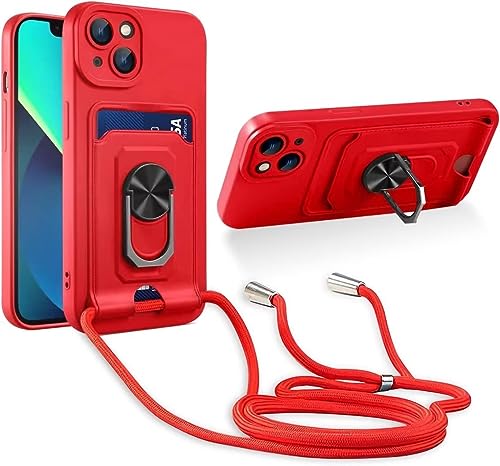 Haygdz Handykette Hülle kompatibel mit Xiaomi Redmi Note 8/Note 8 2021, 360 Grad Ringhalter Stand [Kartenfach] Handy Cover,Verstellbarer Halskette Handyhülle, Rot von Haygdz