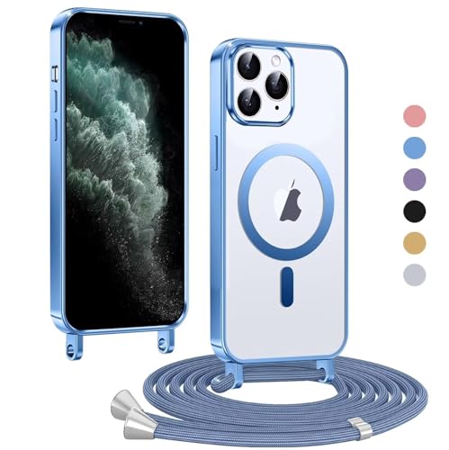 Haygdz Handykette für iPhone 11 Pro Max Hülle, Transparent Magnetische Kompatibel mit MagSafe, mit Abnehmbar Einstellbar Necklace Kratzfeste Stossfest Schutzhülle für iPhone 11 Pro Max, Blau von Haygdz