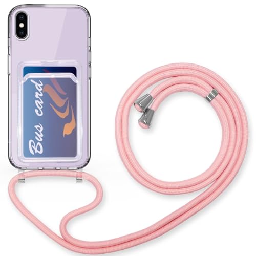 Haygdz Handykette für iPhone XS Max Hülle mit Band, Transparent Schutzhülle zum Umhängeband Abnehmbar Necklace Case mit Kartenfach für iPhone XS Max, Rosa von Haygdz