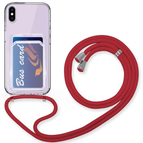 Haygdz Handykette für iPhone XS Max Hülle mit Band, Transparent Schutzhülle zum Umhängeband Abnehmbar Necklace Case mit Kartenfach für iPhone XS Max, Rot von Haygdz