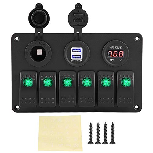 Schalttafel, 12V 24V 6 Gang Auto Boot Marine LED Wippschalter Panel Dual USB Voltmeter Zigarettenanzünder(Grün) von Headerbs