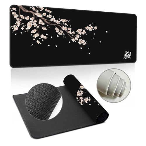 Hearda 3D Mauspad XXL/XL/L, Elegante Sakura Gaming Mauspad, Mauspad mit Anti - Rutsch Gummiboden, Vernähte Kanten Mousepad, Abstraktes Mouse pad für Büro, Zuhause (Schwarz,700x300x3mm) von Hearda