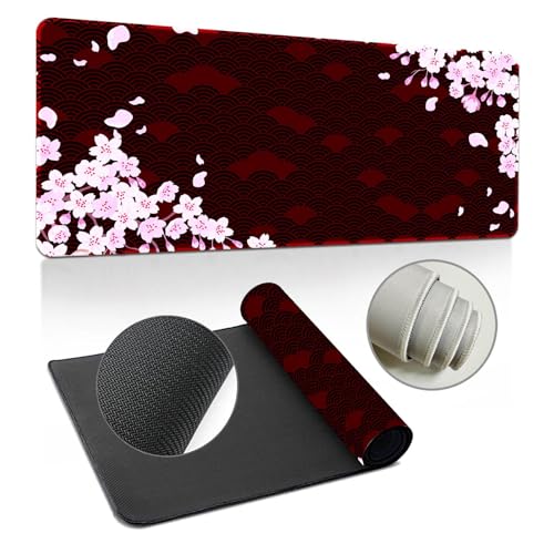 Hearda 3D Mauspad XXL/XL/L, Japanische Sakura Gaming Mauspad, Mauspad mit Anti - Rutsch Gummiboden, Vernähte Kanten Mousepad, Abstraktes Mouse pad für Büro, Zuhause (Rot,900x400x3mm) von Hearda