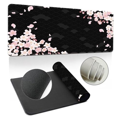 Hearda 3D Mauspad XXL/XL/L, Japanische Sakura Gaming Mauspad, Mauspad mit Anti - Rutsch Gummiboden, Vernähte Kanten Mousepad, Abstraktes Mouse pad für Büro, Zuhause (Schwarz,600x300x3mm) von Hearda