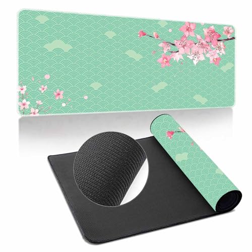 Hearda Mauspad XXL/XL/L, Mehrfarbige Sakura Gaming Mauspad, Mauspad mit Anti - Rutsch Gummiboden, Vernähte Kanten Mousepad, Abstraktes Mouse pad für Büro, Zuhause (900x400x3mm,Grün) von Hearda