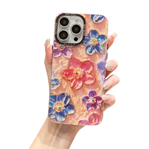 Hehuo Oil Painting Glitter Shockproof Case for iPhone 16 Pro Max Case, Cute Colorful Retro Oil Painting Printed Flower with Bling Sparkly Camera Protector for iPhone 16 15 14 13 12 Pro Max (12,D) von Hehuo