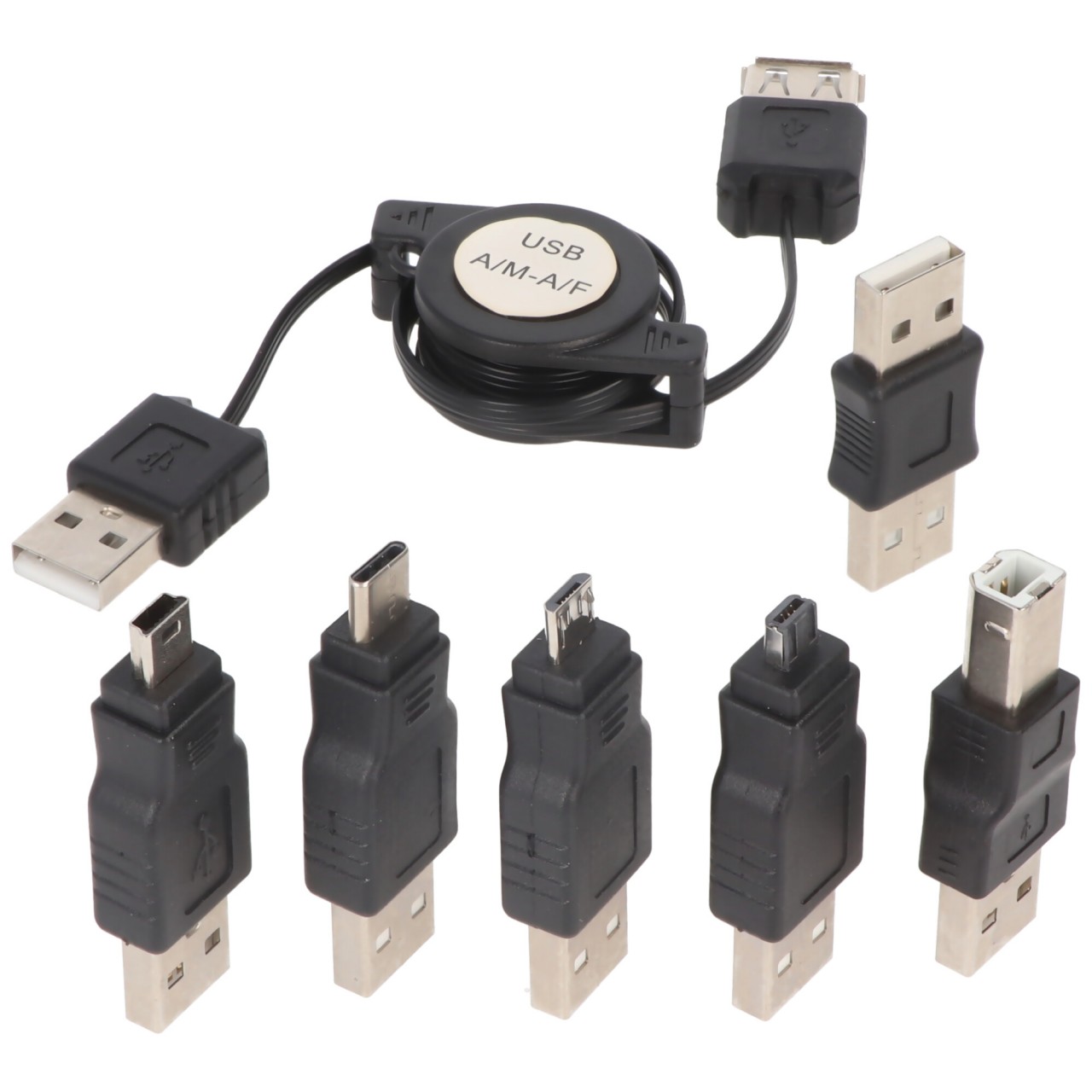 USB-Adapter-Set 7-teilig mit praktischer Aufrollbox, USB-Verlängerungskabel für den direkten Anschluss an einem USB-Gerät von Heitech