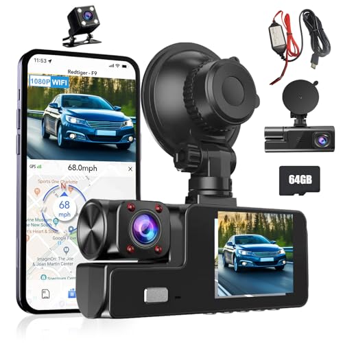 Dashcam Auto Vorne Hinten und Innen 1080P Full HD mit 64GB SD-Karte, Auto Kamera mit Parküberwachung, Bewegungserkennung, Infrarot Nachtsicht, Loop-Aufnahm, WDR, Weitwnkel(170°+150°+150°) (Kein WiFi) von Hekasvm