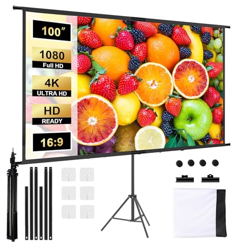 HRS Leinwand Beamer mit Stativ 100 Zoll, tragbare aufhängbar 16: 9 4K HD Projektor Leinwand, Leinwand mit Ständer höhenverstellbar für Heimkino, Camping, Büro, Schule, Präsentation von Hengrongshen