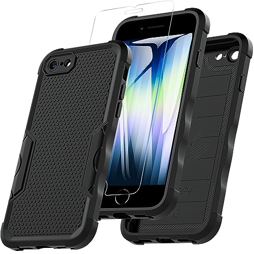 Für iPhone SE 2020 iPhone SE 2022 Hülle iPhone 8/7, Stoßfest Rugged Hülle mit 9H Displayschutz-Glas Fallschutz Handyhülle, TPU Outdoor Case mit Kameraschutz (Schwarz) von Hensinple