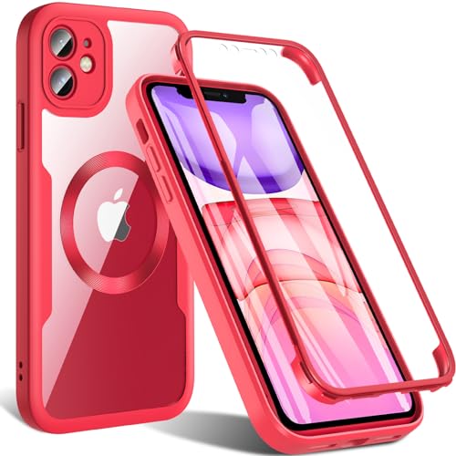 Hensinple für iPhone 11 Hülle mit MagSafe, Magnetisch Handyhülle iPhone 11 mit Displayschutzfolie 360 Rundumschutz Stoßfest Militärstandard Outdoor Case Schutzhülle für iPhone 11 Cover-Rot von Hensinple