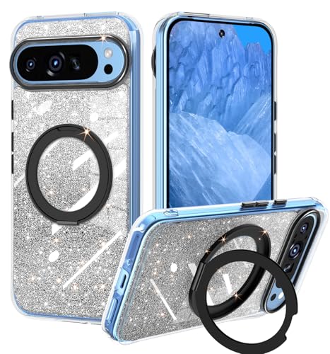 Magnetische Glitzer-Schutzhülle für Google Pixel 9 und Pixel 9 Pro, kompatibel mit MagSafe, niedlich, funkelnd, glänzend, eingebauter 360° drehbarer Ringständer, schlanke Schutzhülle für Damen und von Hensione