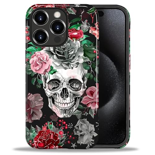 Hensuske Schädel Blumen Kompatibel mit iPhone 15 Pro Max Hülle, Lustige Hülle mit Stoßfester, Anti-Kratzer 2-in-1 Weiche TPU und Harte PC Schutzhülle für Frauen Männer - 6,7 Zoll von Hensuske