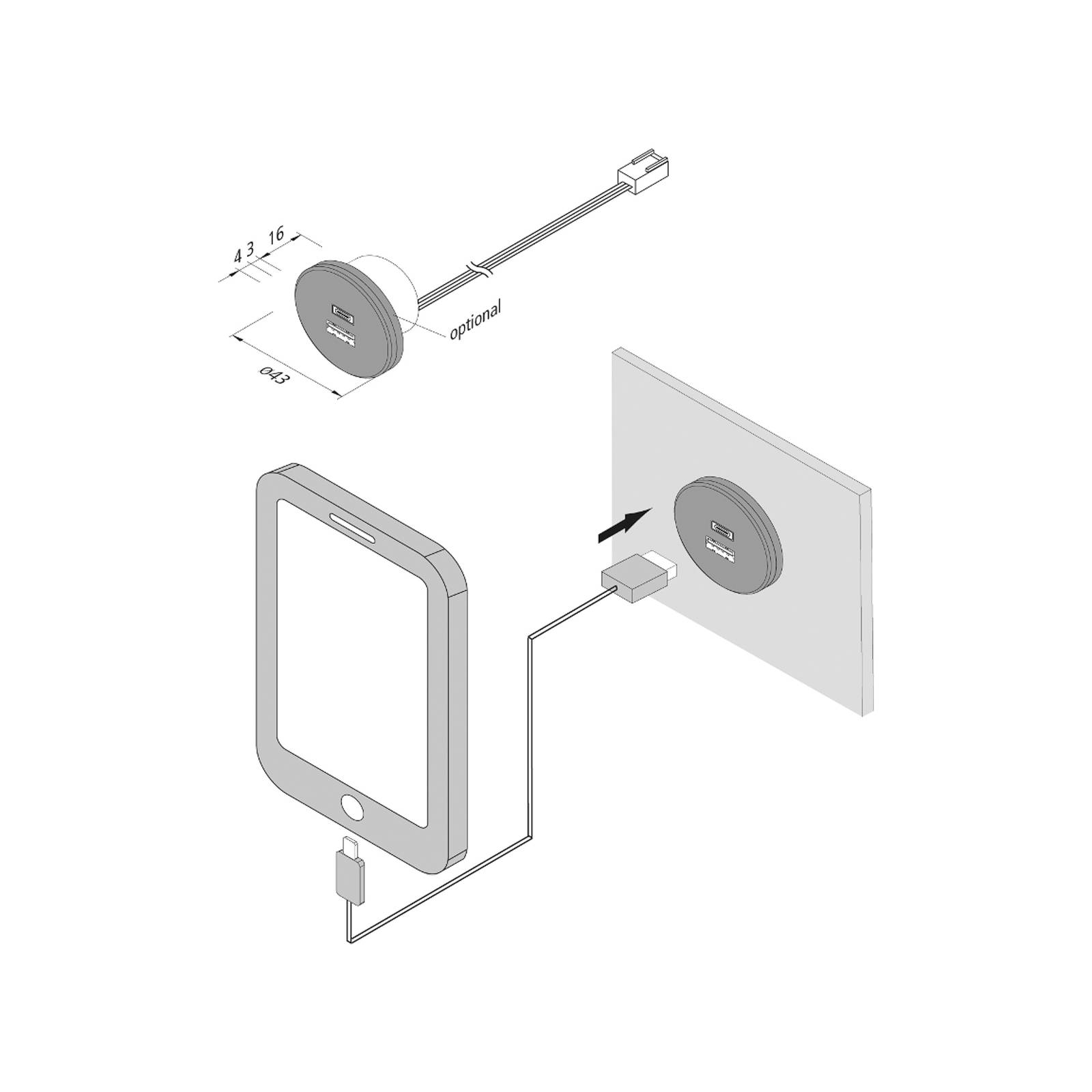 Steckdose USB-A + USB-C, stahl, Möbeleinbau, 24V-Eingang 20W von Hera