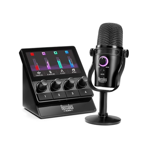 Hercules Stream Starter Kit – Audio-Set zum Streamen mit Stream 100 Controller, HUD-600 USB-Mikrofon & 3 Monate Voicemod Pro von Hercules