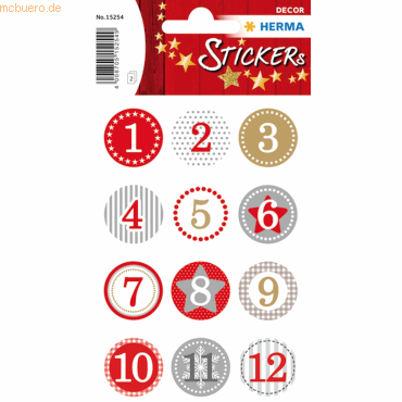 HERMA Schmucketikett Decor Adventskalender 1-24 Rot 2 cm 2 Blatt von Herma