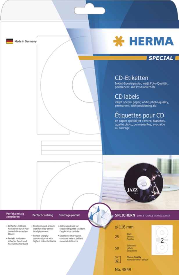 HERMA Inkjet CD/DVD-Etiketten SPECIAL Maxi, Durchm: 116 mm von Herma