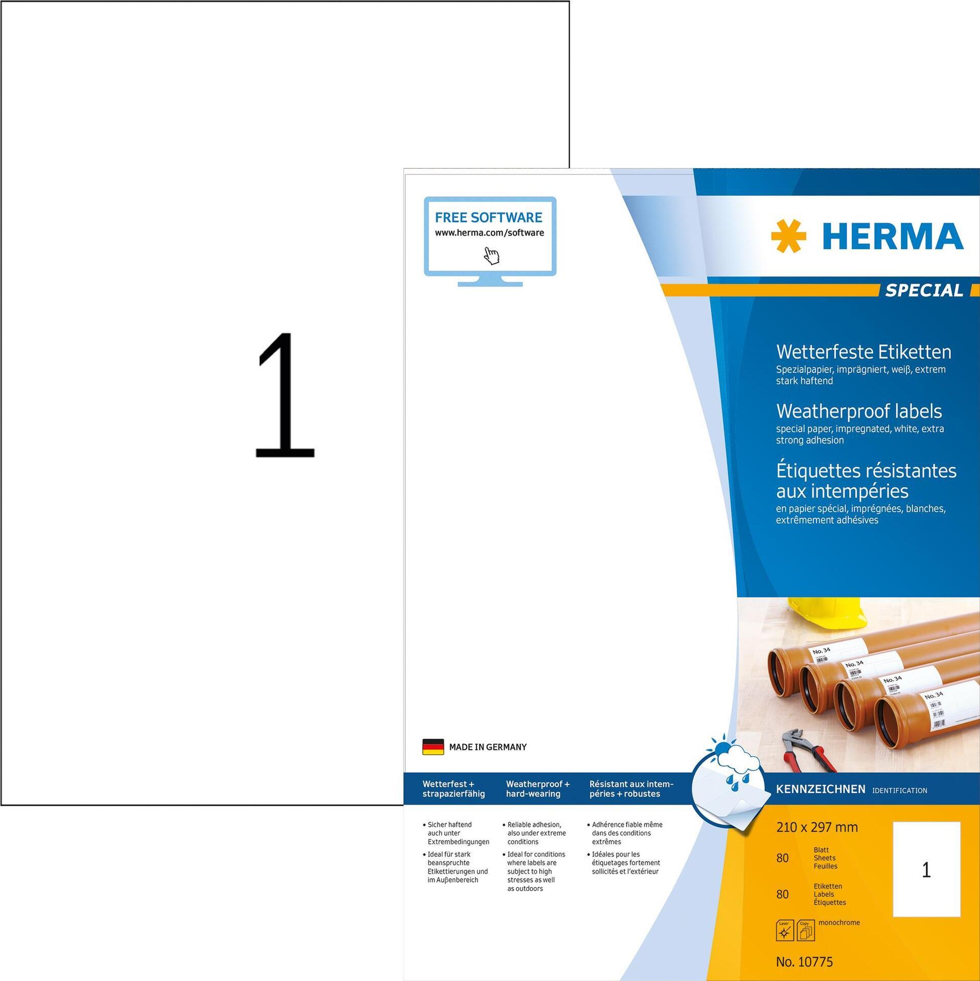 HERMA Wetterfeste Etiketten aus Spezialpapier, 210 x 297 mm weiß, aus Papier, imprägniert, selbstklebend, - 1 Stück (10775) von Herma