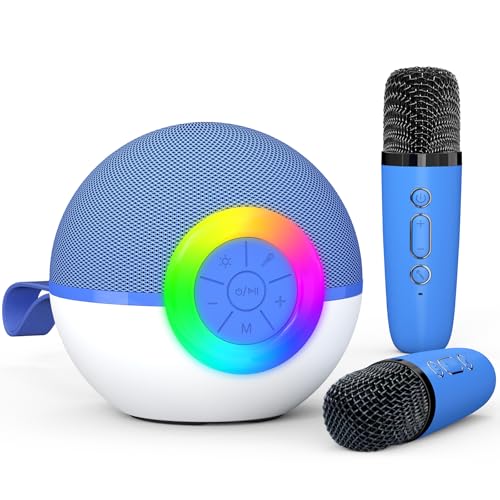 Karaoke Maschine Kinder Spielzeug Geschenke für 3-12 Jahre Mädchen Tragbares Bluetooth Karaoke Maschine mit Mikrofon für Kinder Erwachsene mit 6 Stimme wechselnde Effekte & LED-Lichter (Blue-2 Mics) von Heroange