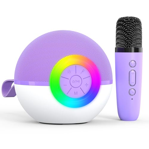 Karaoke Maschine Kinder Spielzeug Geschenke für 3-12 Jahre Mädchen Tragbares Bluetooth Karaoke Maschine mit Mikrofon für Kinder Erwachsene mit 6 Stimme wechselnde Effekte & LED-Lichter (Purple-1 Mic) von Heroange