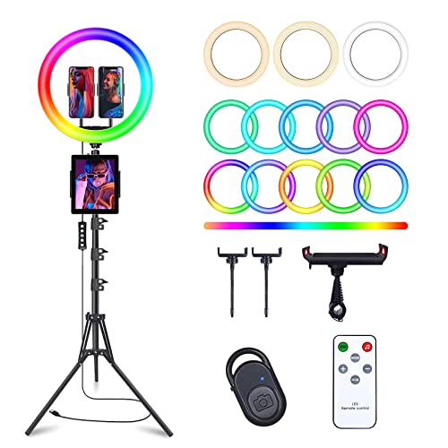 Herrfilk 13 Zoll Ringlicht mit Stativ, 1 Tablet-Clip und 2 Handyhalterungen, 3000-6000K,10 Helligkeiten, Musik modi, 100 RGB-Lichtmodi, LED Ringleuchte für Selfie,Tik Tok Vlog,YouTube, Facebook Video von Herrfilk