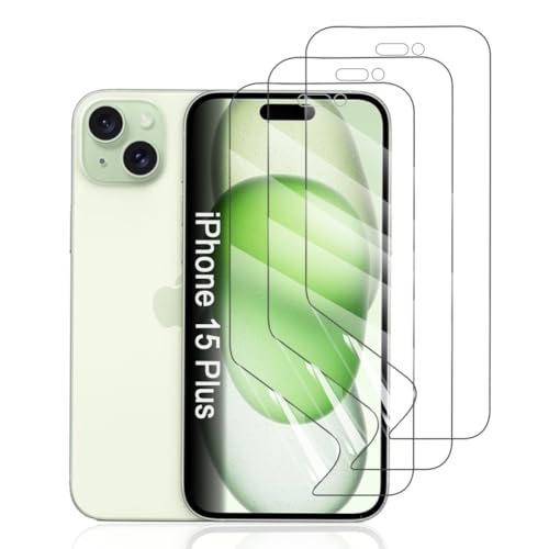 Hhfcryst Hydrogel Folie für iPhone 15 Plus, 3 Stück TPU Displayschutzfolie HD Transparent Weich Schutzfolie (Nicht Gehärtetes Glas) von Hhfcryst