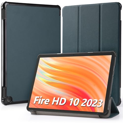 Hianjoo Hülle Kompatibel für Fire HD 10 Tablet 2023 10,1 Zoll, Ultra Dünn Leder Schutzhülle mit Standfunktion Kompatibel für Fire HD 10 13. Generation 10.1", Dunkelgrün von Hianjoo